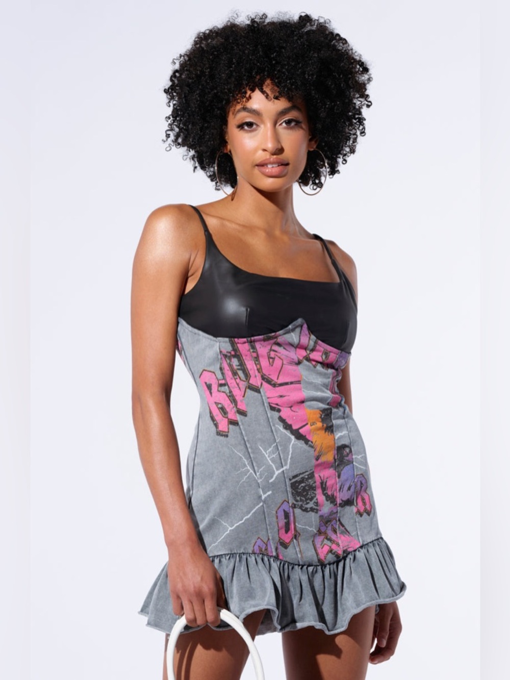 AKIRA Black & Gray Graphic Ruffle-Hem Mini Dress with Pink Accents